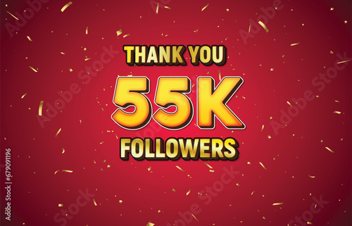 Golden 50K isolated on red background with golden confetti, Thank you followers peoples, 1k online social group, 55k