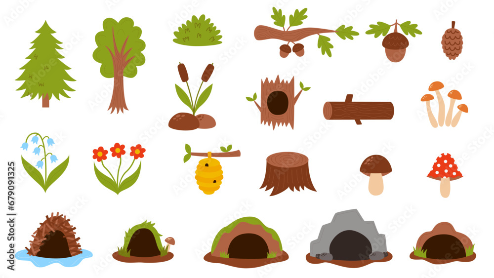 Collection of cute cartoon forest woodland nature elements. - obrazy, fototapety, plakaty 