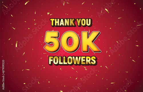 Golden 50K isolated on red background with golden confetti, Thank you followers peoples, 1k online social group, 55k