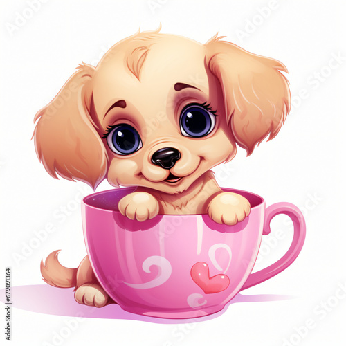Cute dog in pink cup cartoon isolated on white background