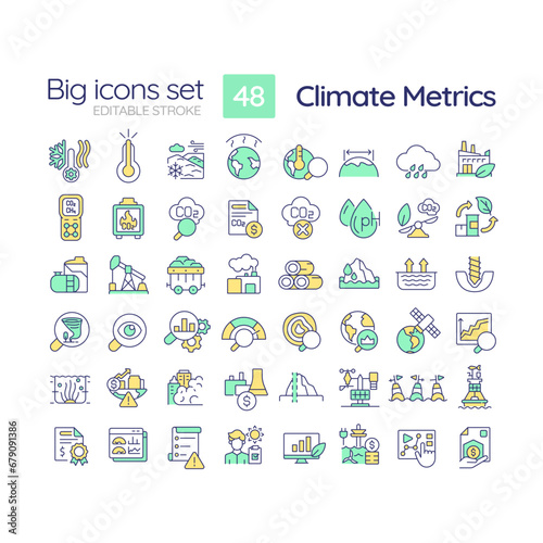 Editable multicolor big line icons set representing climate metrics, isolated vector, linear illustration.