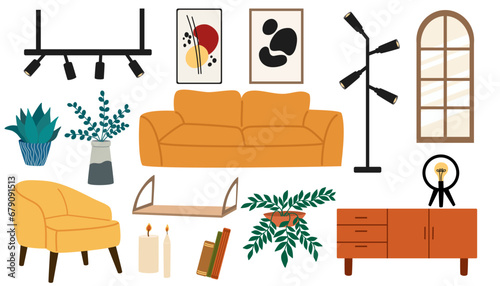 Living room interior flat style home elements set isolated on white. Vector sofa, armchair, shelves, decor, plants illustration