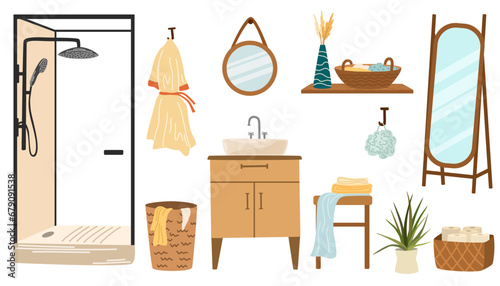 Bathroom interior flat style home elements set isolated on white. Vector washbasins, sinks, mirrors, shower, cabinets and plants illustration