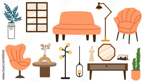 Living room interior flat style home elements set isolated on white. Vector sofa, armchair, shelves, decor, plants illustration