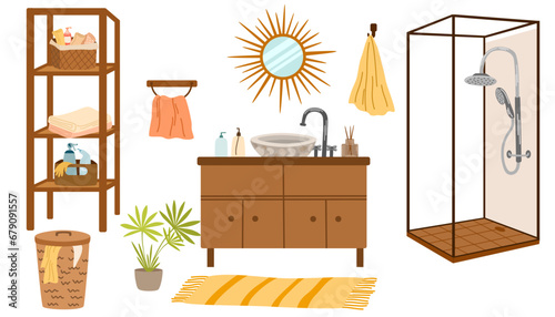 Bathroom interior flat style home elements set isolated on white. Vector washbasins, sinks, mirrors, shower, cabinets and plants illustration