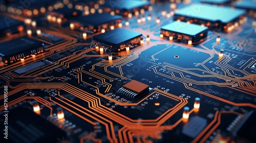 An electronic circuit board featuring intricate microchip arrangements.