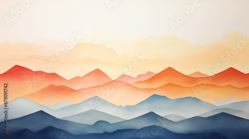 Minimalist and simple watercolor painting of sunrise over mountains landscape