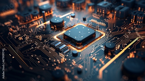 An electronic circuit board featuring intricate microchip arrangements. photo