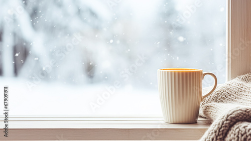 Winter holidays, calm and cosy home, cup of tea or coffee mug and knitted blanket near window in the English countryside cottage, holiday atmosphere