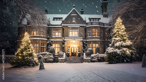 Christmas in the countryside manor, English country house mansion decorated for holidays on a snowy winter evening with snow and holiday lights, Merry Christmas and Happy Holidays
