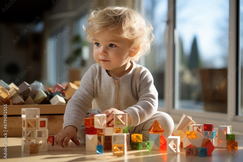 Cute little boy plays with a constructor. Early Childhood Development Cute little boy plays with a constructor. Early Childhood Development