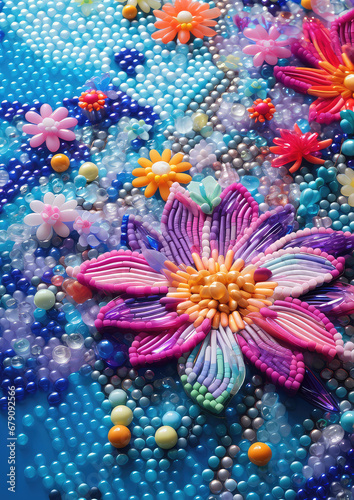 Modern wallpaper with beads and flowers. In the style of hyper-realistic pop-art fusion. Generative AI