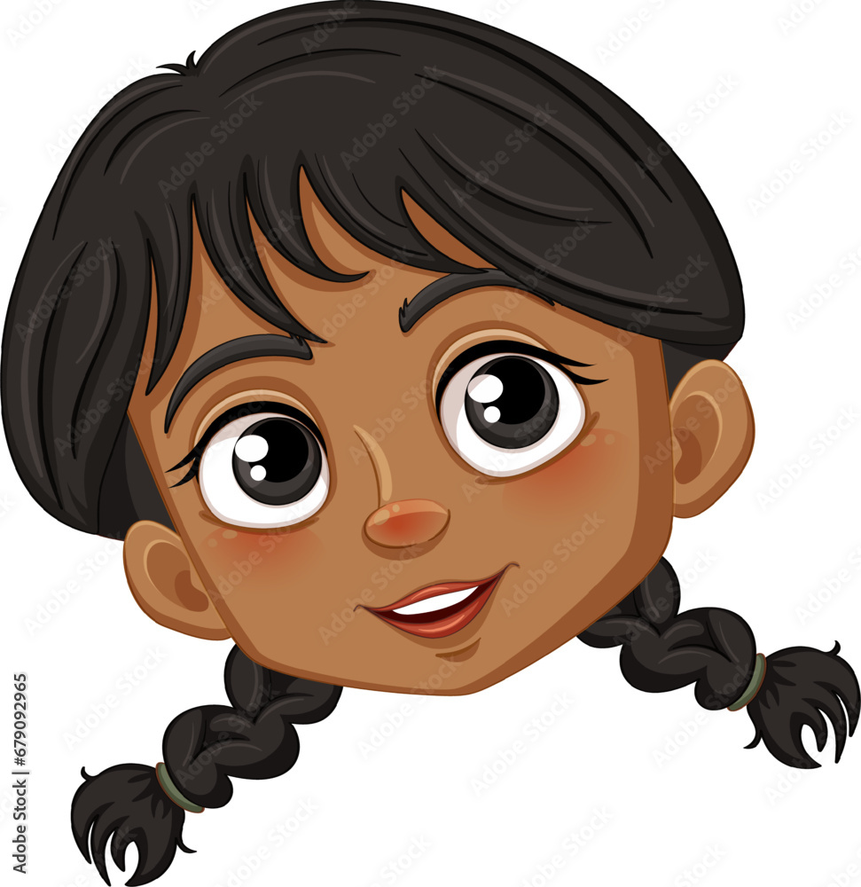 Fototapeta premium Cheerful Cartoon Girl with Cute Braided Hairstyle