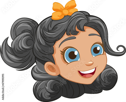 Smiling Girl Cartoon with Ribbon in Hair