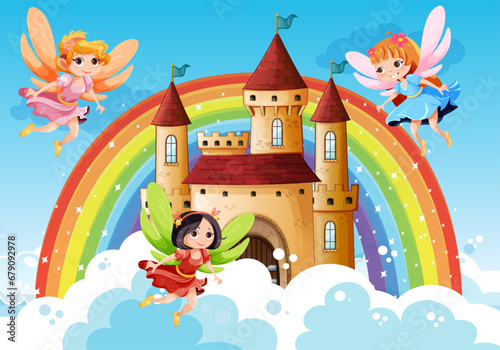 Faries flying on sky and castle background