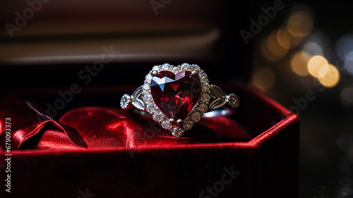 Jewellery, proposal and holiday gift, vintage diamond engagement ring in red velvet box, symbol of love, romance and commitment