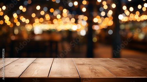 Wooden table for display products. Empty wooden table texture in front of blurred cafe and lights background. Cozy cafe bistro with blurred background and wooden montage. Generative AI photo