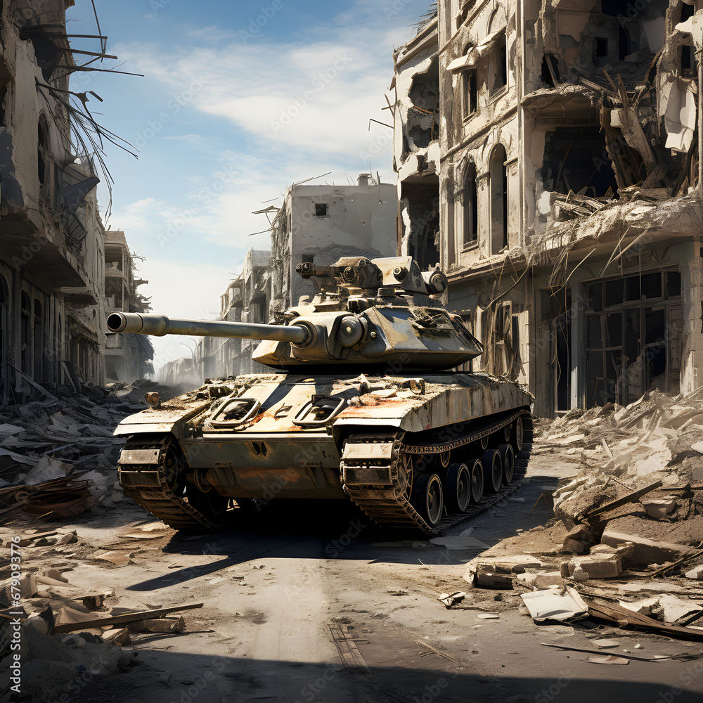 A military tank driving through a war torn city. Generative ai. A military tank driving through a war torn city. Generative ai.