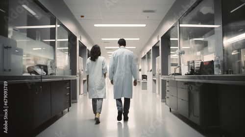 A pair of scientists walking through the halls of the lab view from the back