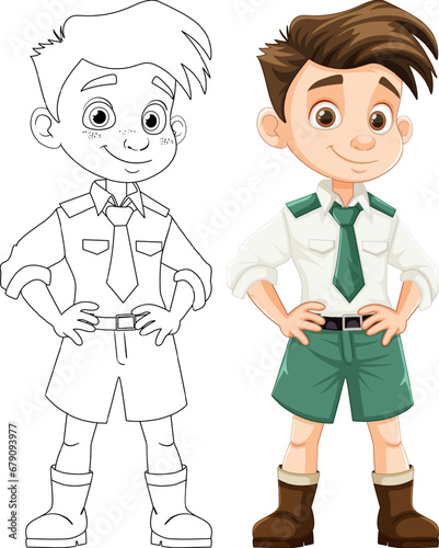 Cute Brown Hair Boy in Officer Cartoon Uniform
