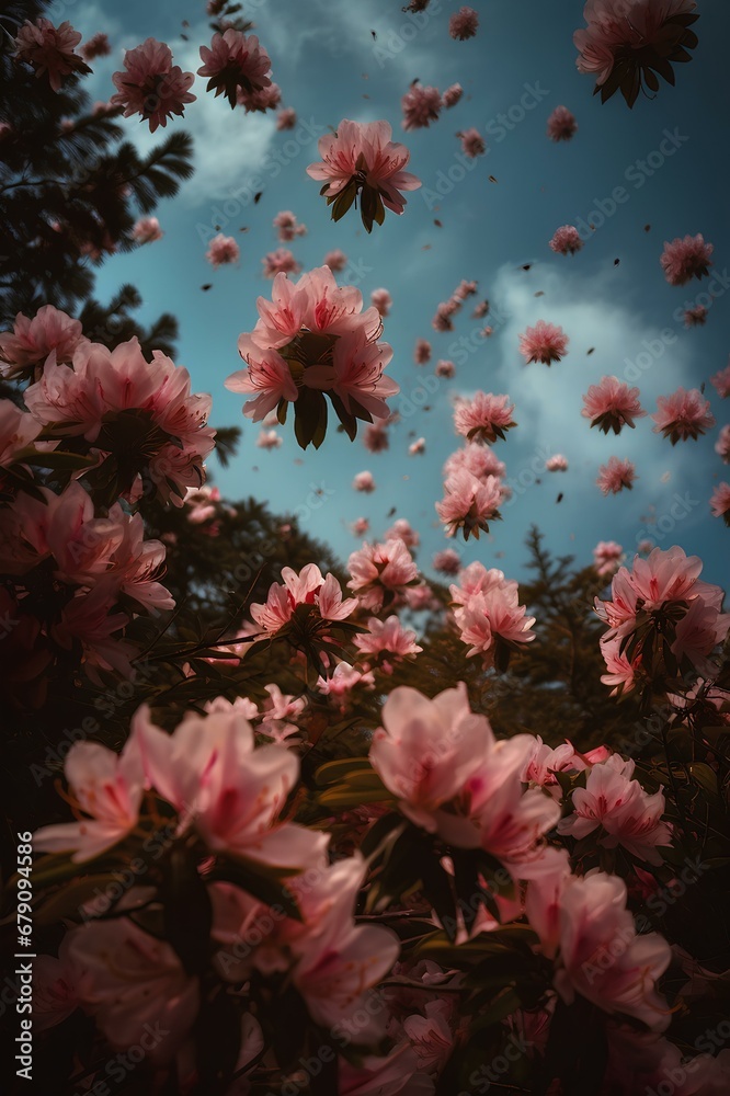 Rhododendron petals float in the sky