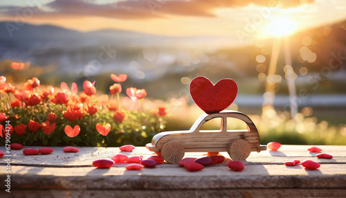 Valentine's day holiday celebration with a wooden toy car and heart shape photo