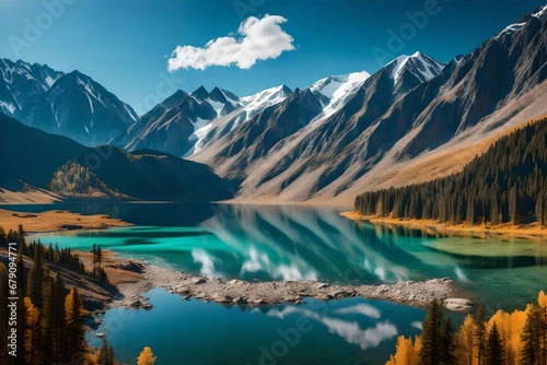 Journey into the heart of Altai and witness the captivating mountain landscape, featuring a pristine lake embraced by a majestic mountain range generative ai technology