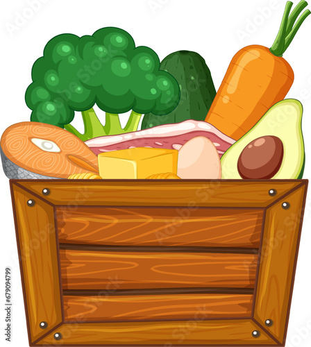 Delicious Meat and Vegetable in Wooden Crate