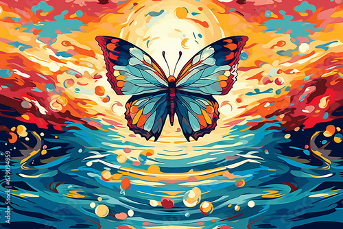 Bunter Schmetterling in verschiedenen Kunststilen - Illustration Flug   ber dem Wasser