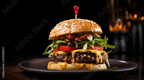a close-up shot of a mouth-watering beautifully arranged vegan burger, with mayo and chili sauce, exuding tempting allure