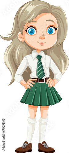 Smiling Teen Girl with Beautiful Long Hair in School Uniform