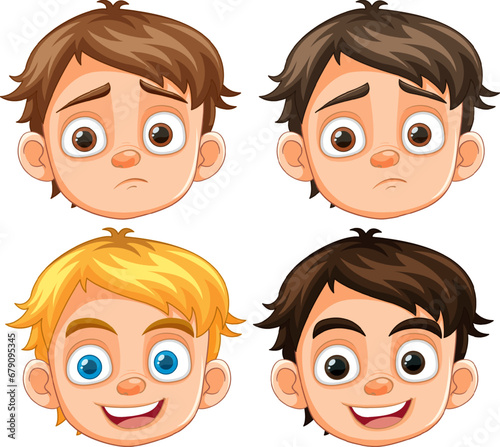 Set of Boy Face Cartoon Expressions