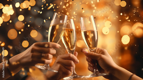 Celebration christmas or new years eve party. People holding glasses of champagne making a toast. Champagne with blurred bokeh and confetti background