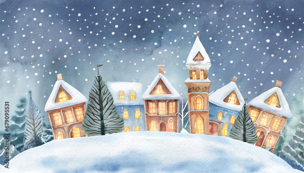 Fototapeta premium Watercolor winter cute town landscape background