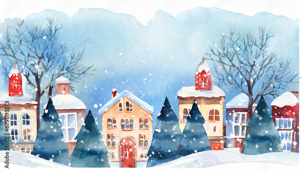 Watercolor winter cute town landscape background