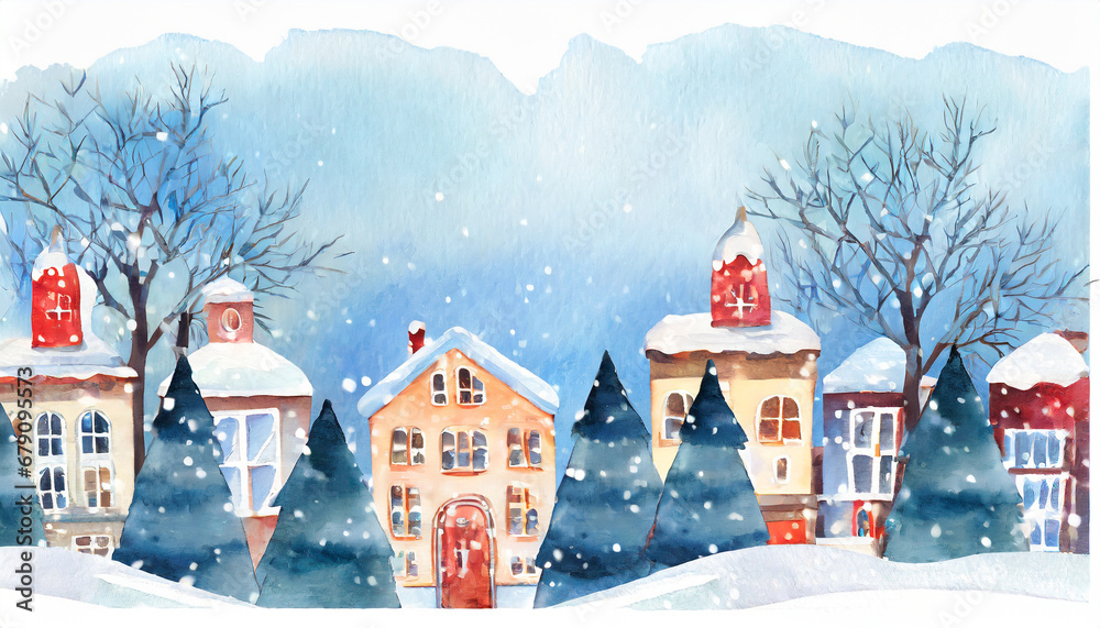 Fototapeta premium Watercolor winter cute town landscape background