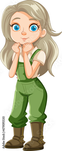 Smiling Woman Farmer in Overalls with Long Hair