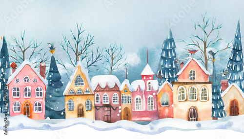 Watercolor winter cute town landscape background © Giuseppe Cammino