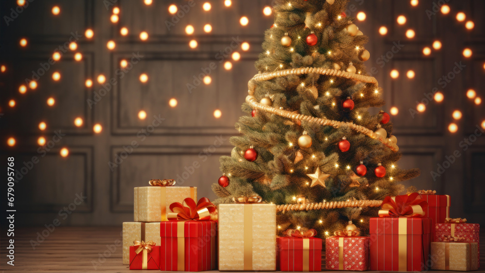 Christmas tree and gifts on a wooden floor with a bokeh background