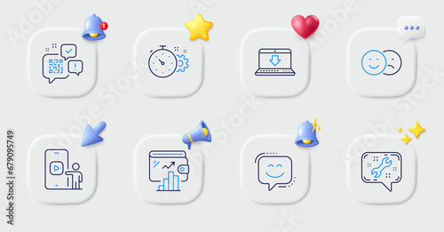 Cogwheel timer, Wallet and Phone video line icons. Buttons with 3d bell, chat speech, cursor. Pack of Smile face, Like, Spanner icon. Internet downloading, Qr code pictogram. Vector