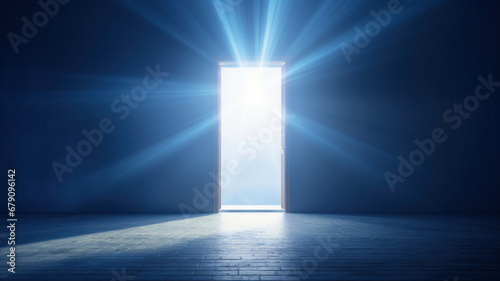 Open door in dark room with rays of light