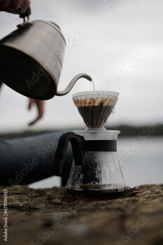 Brewing filter coffee by the sea