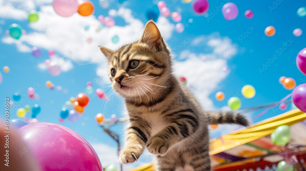 Flurry cute kitten plays in a birthday party amidst floating balloons Flurry cute kitten plays in a birthday party amidst floating balloons