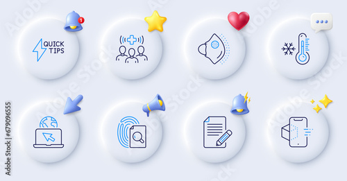 Inspect, Internet and Low thermometer line icons. Buttons with 3d bell, chat speech, cursor. Pack of Medical mask, Article, Augmented reality icon. Quickstart guide, Medical staff pictogram. Vector