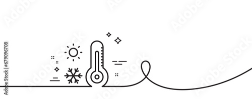 Weather thermometer line icon. Continuous one line with curl. Winter snowflake, sun sign. Temperature symbol. Weather thermometer single outline ribbon. Loop curve pattern. Vector