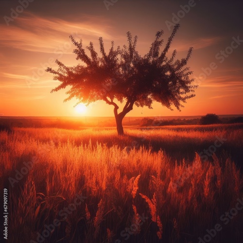sunset in the field  tree on sunset background