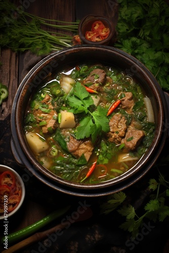 Herbal pork ribs soup in clay pot or bowl on wooden table top overhead view.