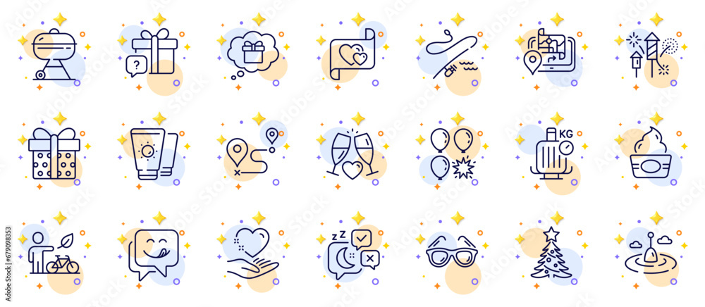 Outline set of Fishing rod, Journey and Balloon dart line icons for web app. Include Ice cream, Fishing float, Wedding glasses pictogram icons. Christmas tree, Hold heart, Grill signs. Vector