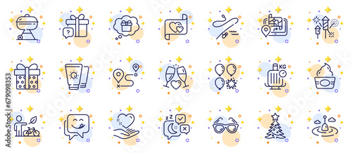 Outline set of Fishing rod, Journey and Balloon dart line icons for web app. Include Ice cream, Fishing float, Wedding glasses pictogram icons. Christmas tree, Hold heart, Grill signs. Vector