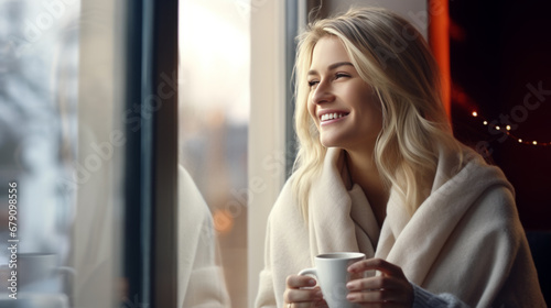 portrait of happy young woman with cup of coffee © Natalia Klenova
